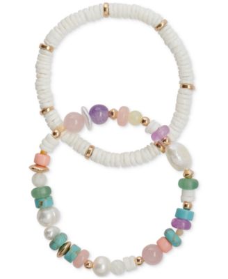 Lucky Brand - Gold-Tone 2-Pc. Set Multicolor Mixed Stone Beaded Stretch Bracelets
