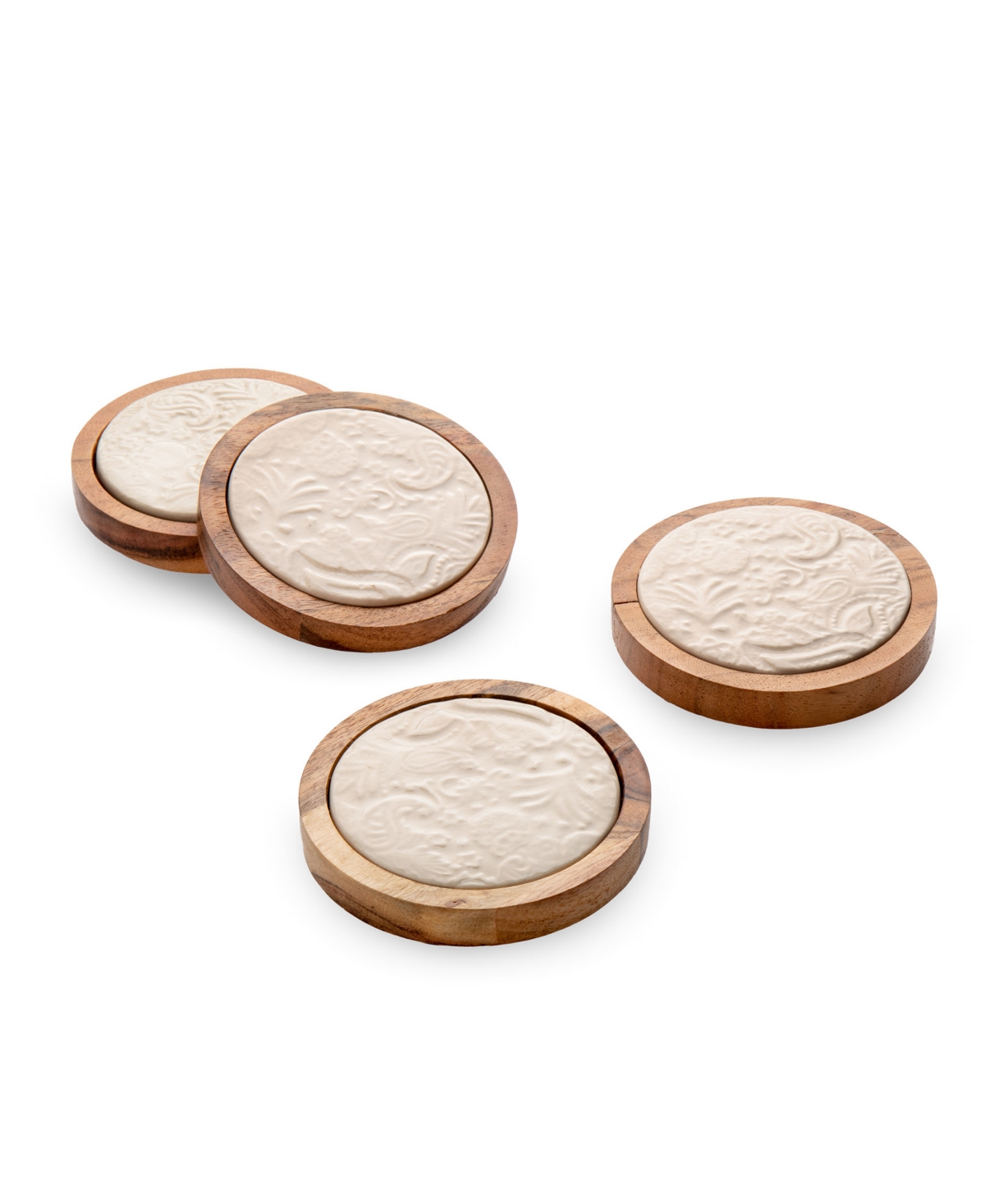 Godinger Acacia Wood Coasters With Floral Designs In Porcelain On Coasters, Set Of 4 In White