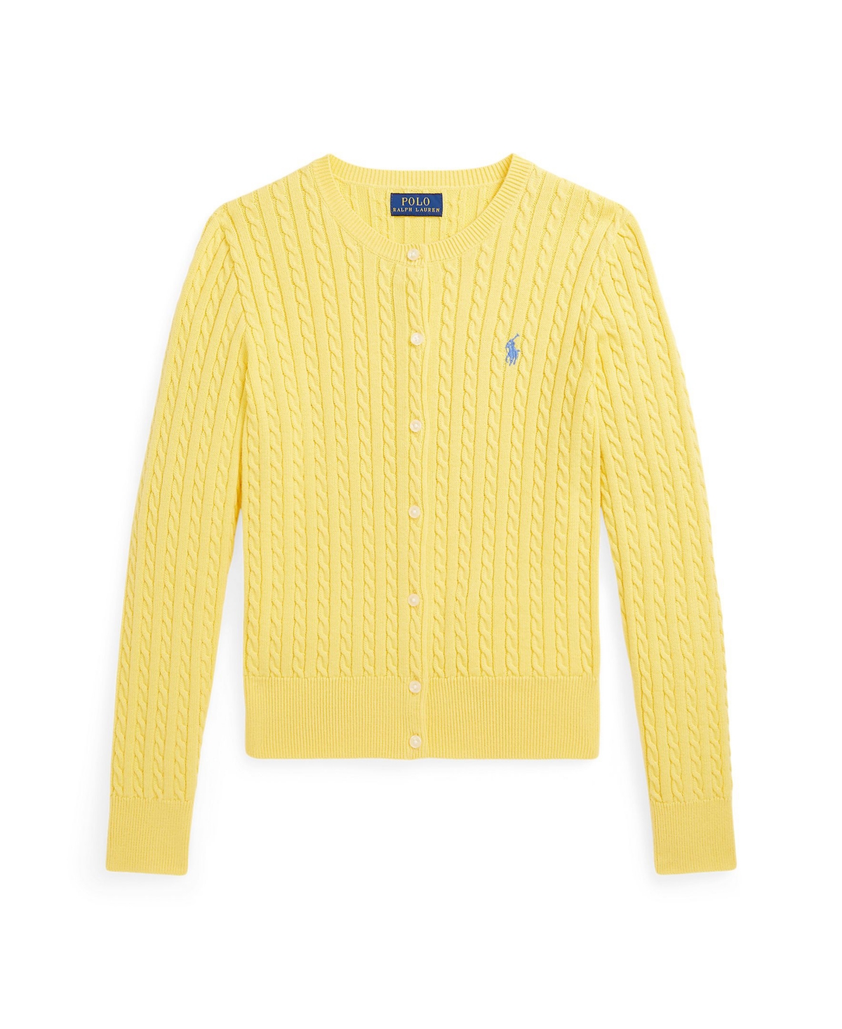 Shop Polo Ralph Lauren Big Girls Mini-cable Cotton Cardigan Sweater In Oasis Yellow With Dusty Blue