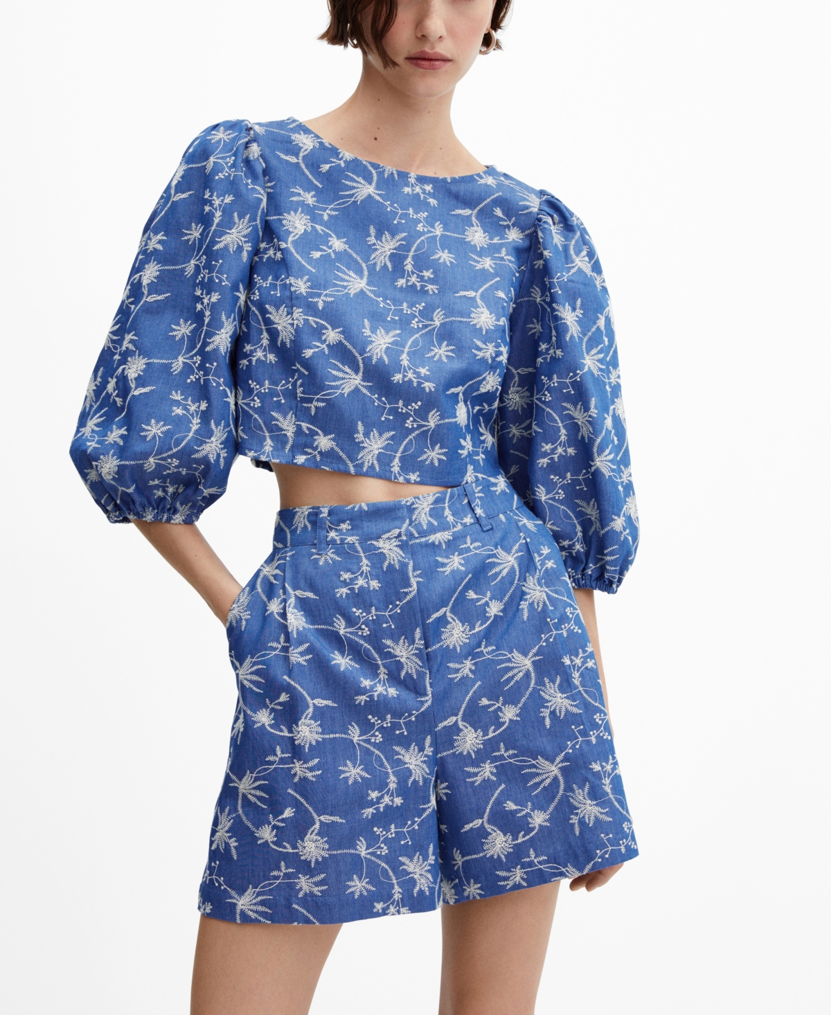 Mango Embroidred High Waist Cotton Blend Shorts In Blue