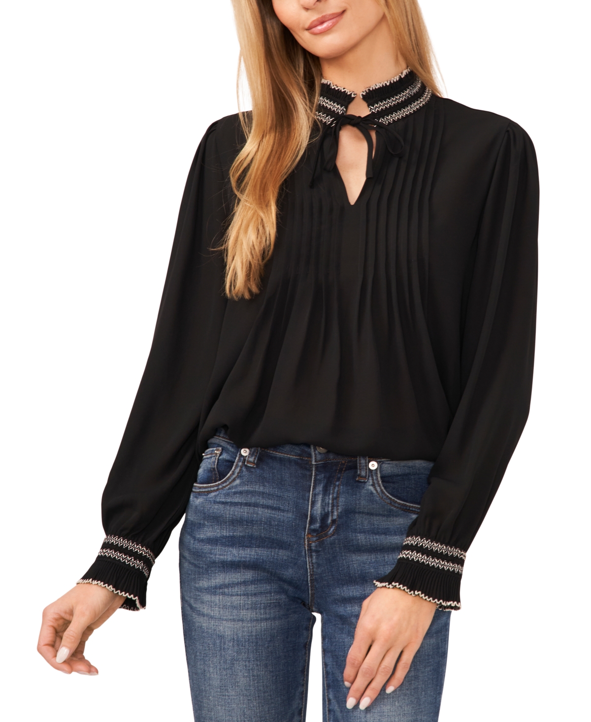 Shop Cece Women's Contrast Stitch Blouson Sleeve Pleated Front Top In Rich Black