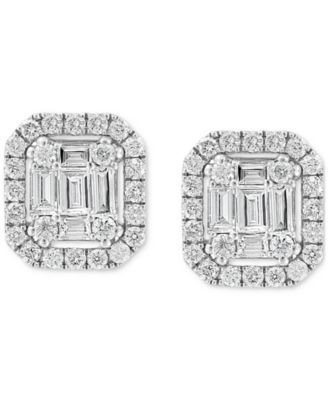 EFFY&reg; Certified Diamond Baguette & Round Halo Emerald Shaped Cluster Stud Earrings (3/8 ct. t.w.) in 14k White Gold