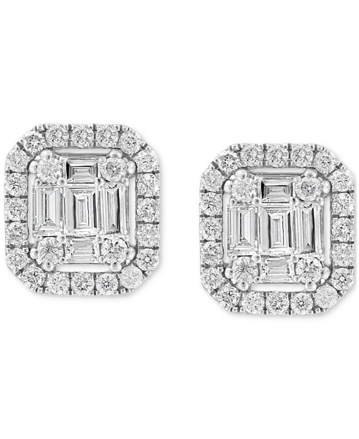 Shop Effy Collection Effy Certified Diamond Baguette & Round Halo Emerald Shaped Cluster Stud Earrings (3/8 Ct. T.w.) In  In White Gold