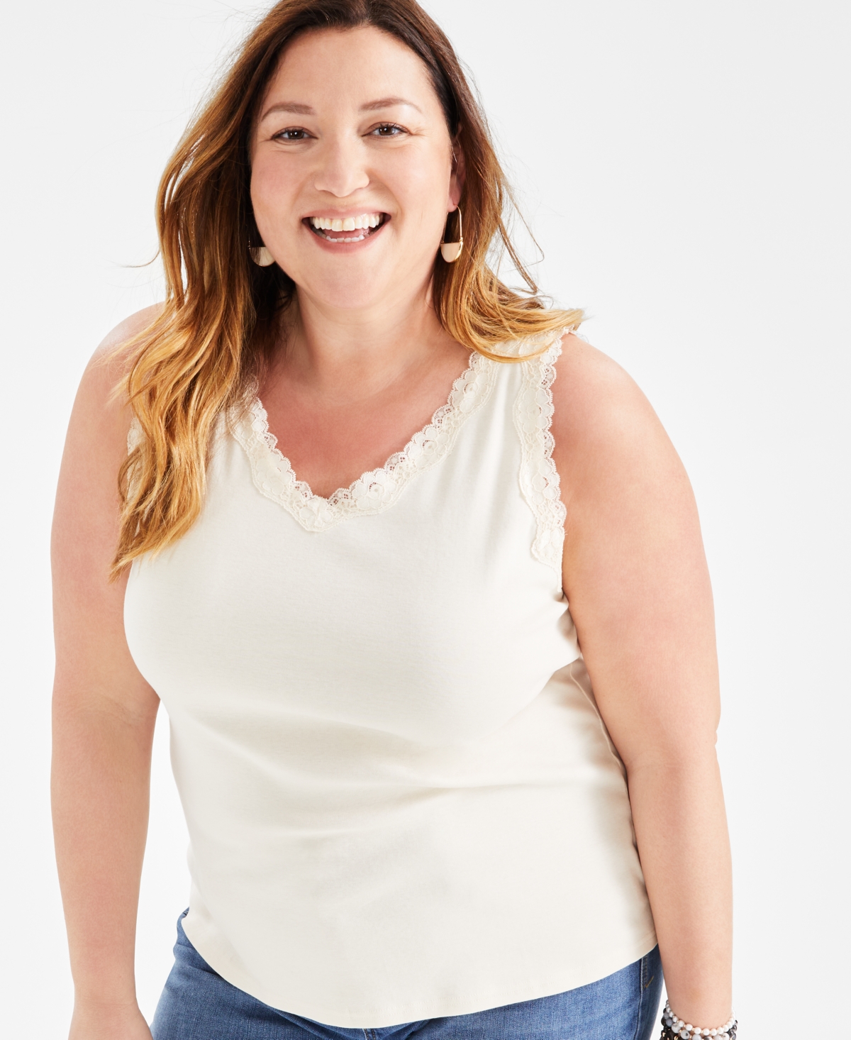 Shop Style & Co Plus Size Lace-trimmed Tank Top, Created For Macy's In Palomino