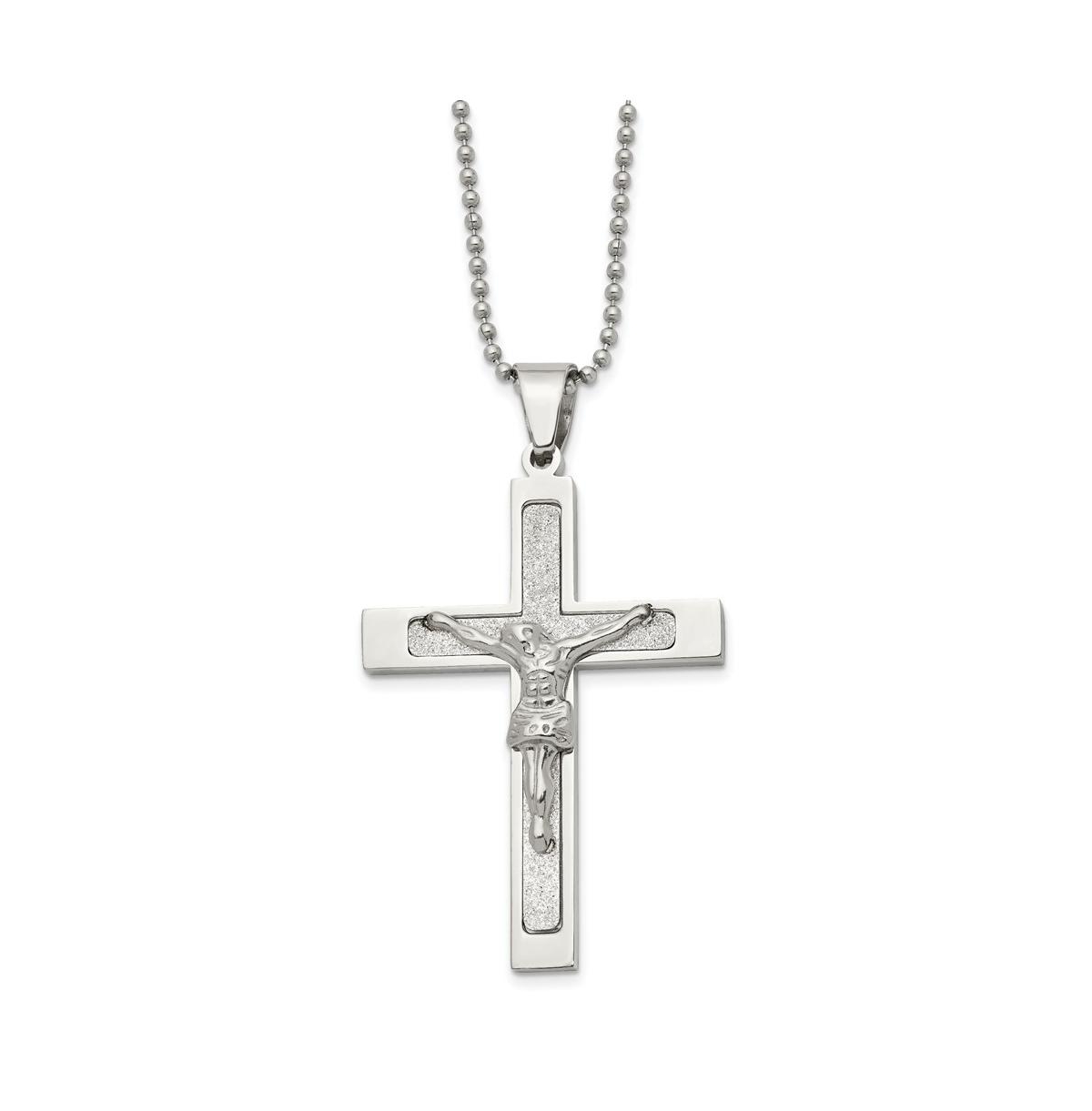 Polished Laser Cut Crucifix Pendant on a Ball Chain Necklace - Silver