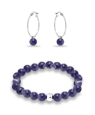 Silver Plated Multi Genuine Stone Bracelet and Earring, 2 Piece Set
