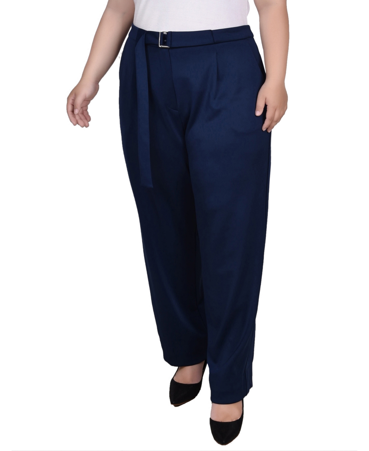 Ny Collection Plus Size Belted Scuba Pants In Navy