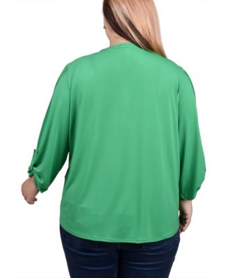 Plus Size Long Sleeve Pintuck Front Top with Chain Details
