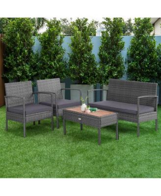 4 Pieces Rattan Patio Conversation Furniture Set with Acacia Wood Tabletop