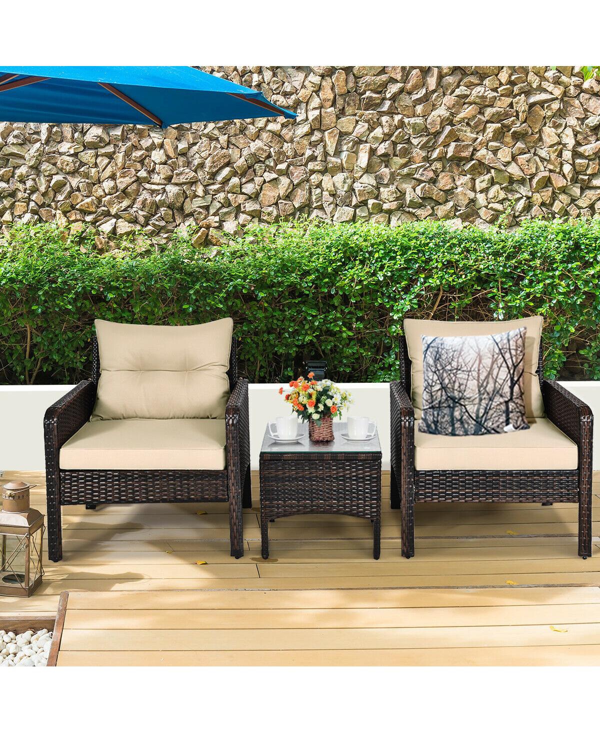 3 Pcs Outdoor Patio Rattan Conversation Set with Seat Cushions
