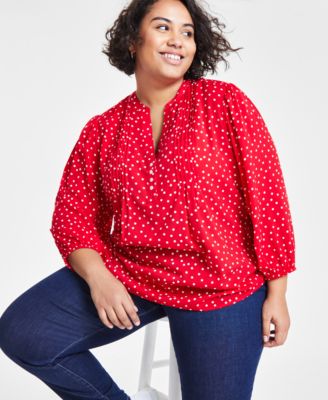 Tommy Hilfiger Plus Size Dot Print Pintuck 3/4-Sleeve Top - Macy's