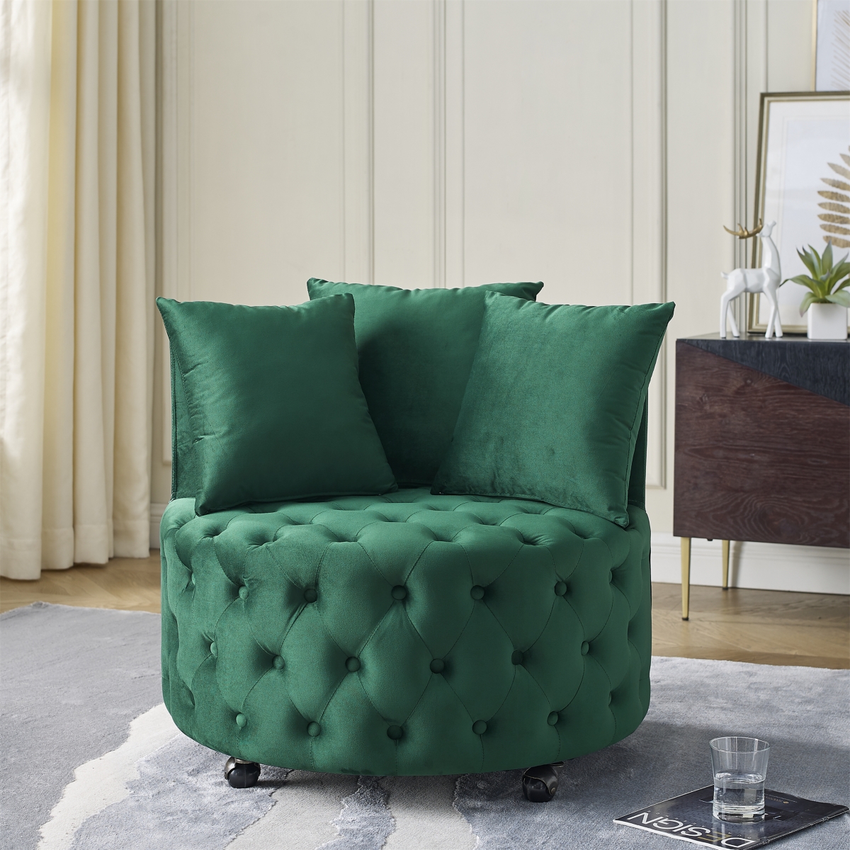 Streamdale Green velvet swivel chair with 3 pillows & wheels