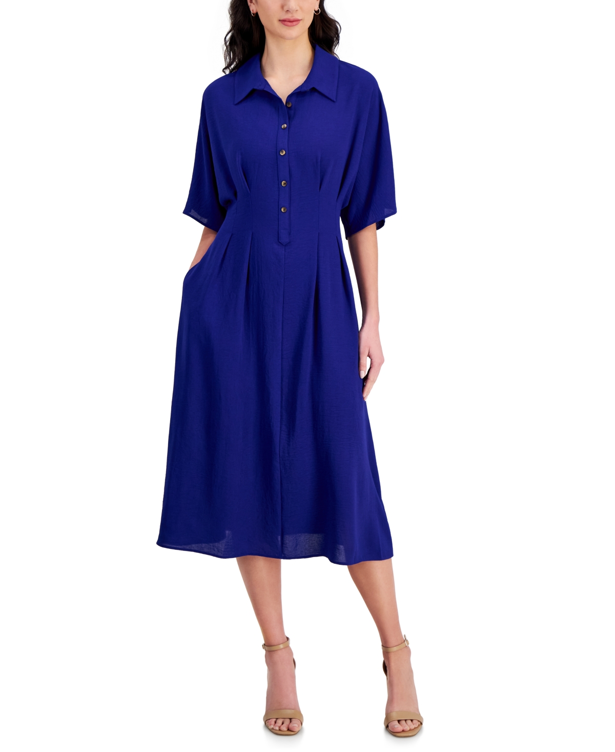 Women's Collared Partial-Button-Front Midi Dress - Electric Blue