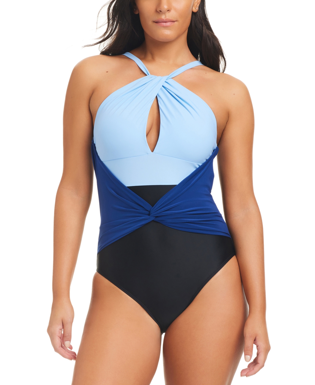 Beyond Control Women's Colorblocked High-neck Keyhole Twist-detail One-piece Swimsuit In Tripoli