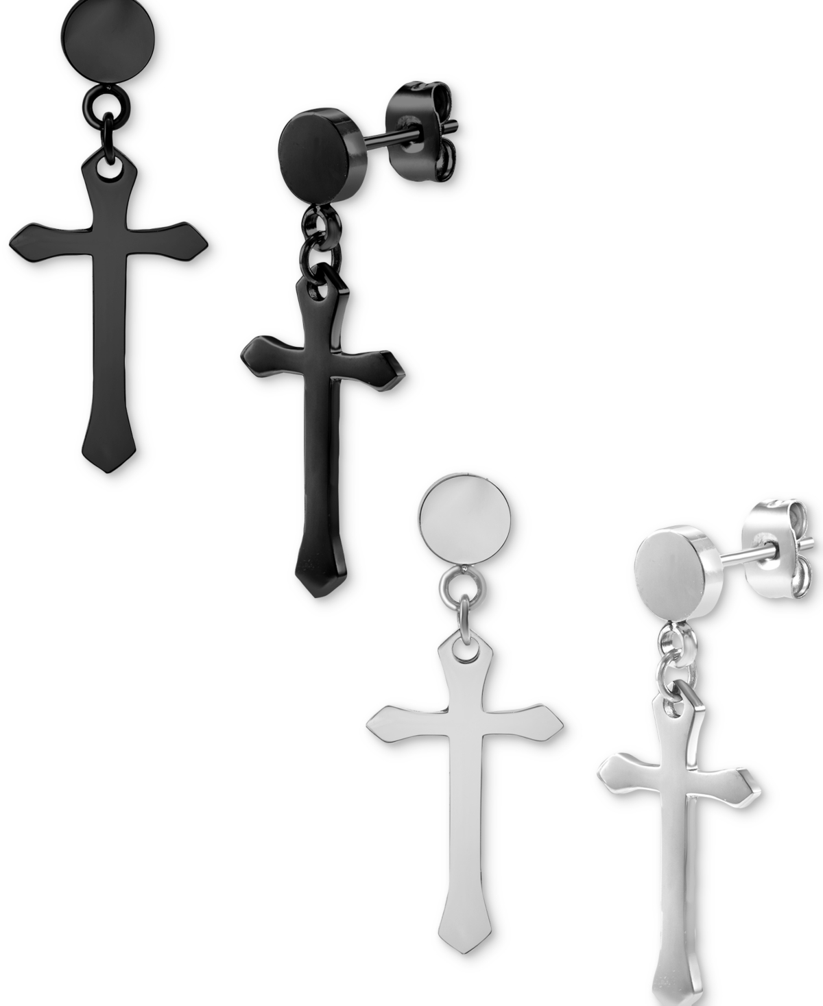 2-Pc. Set Men's Cross Chain Drop Earrings in Stainless Steel & Black Ion-Plated Stainless Steel - Black And Steel