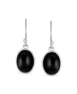 Classic Elegant Black Onyx Bezel Set Oval Cabochon Drop Earrings Sterling Silver Wire Fish Hook