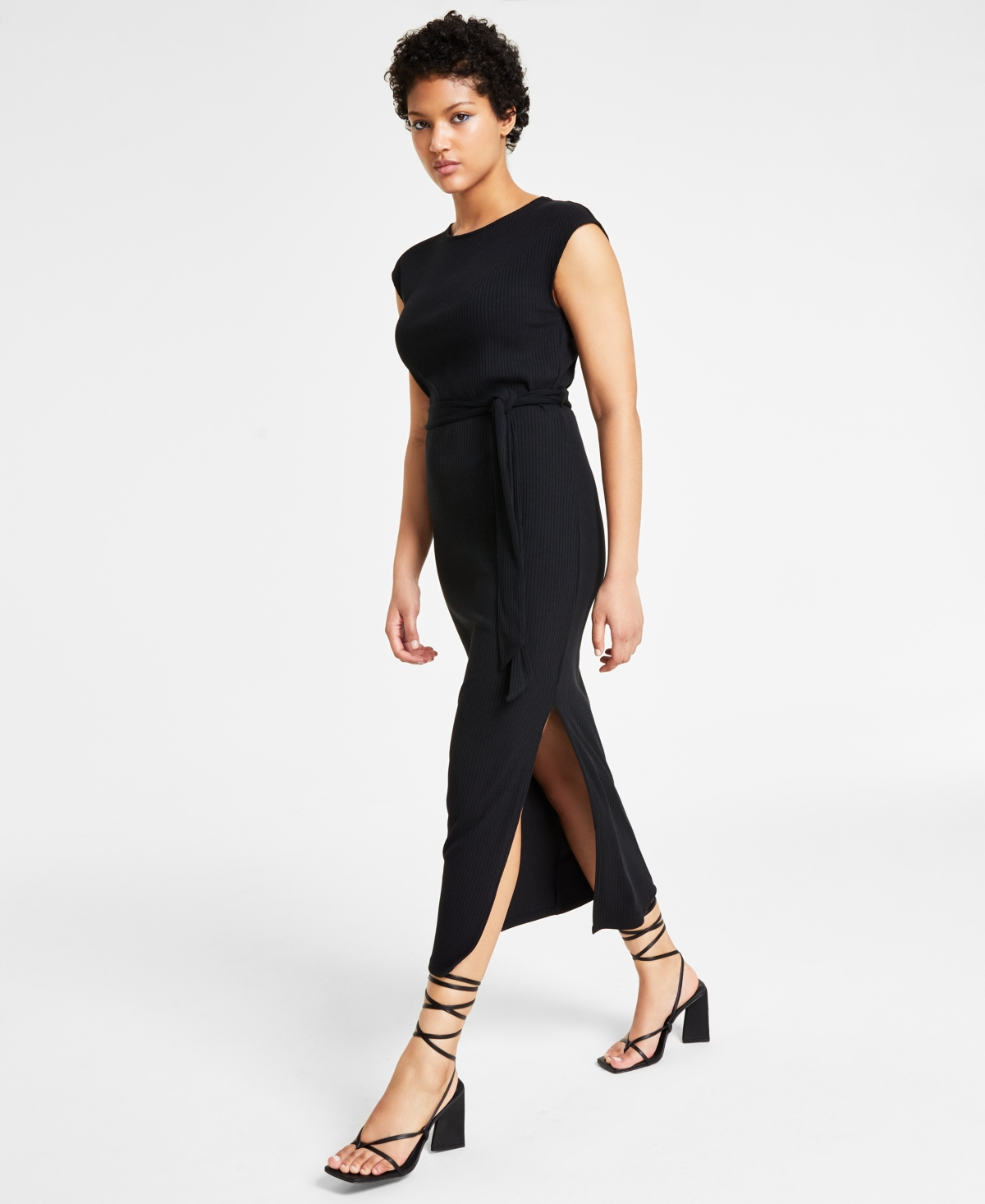 Shop Bar Iii Women's Cap-sleeve Ribbed Midi Dress, Created For Macy's In Deep Black