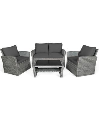 4 Pieces Patio Rattan Furniture Set Sofa Table with Storage Shelf Cushion