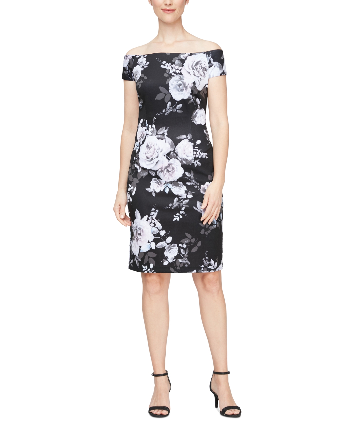 Women's Off-The-Shoulder Floral Print Sheath Dress - Blk Multi