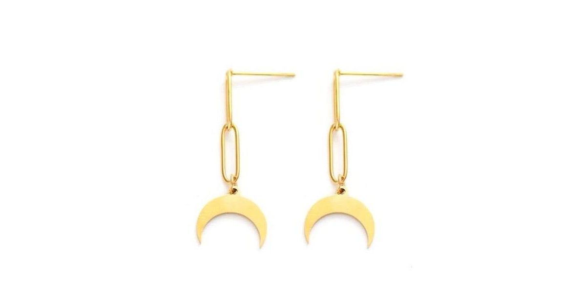 Crescent Moon Dangle Earrings for Women - Gold