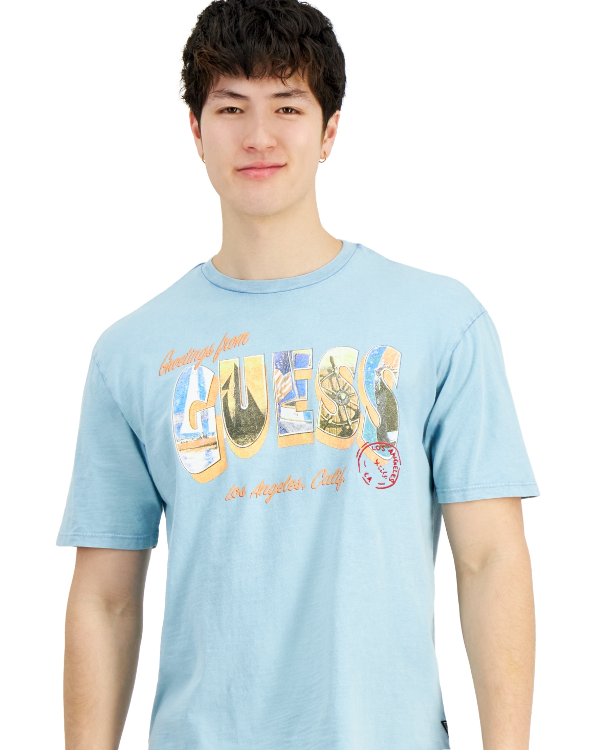 Shop Guess Men's Postcard Logo Graphic Crewneck T-shirt In Laguna Blue Multi