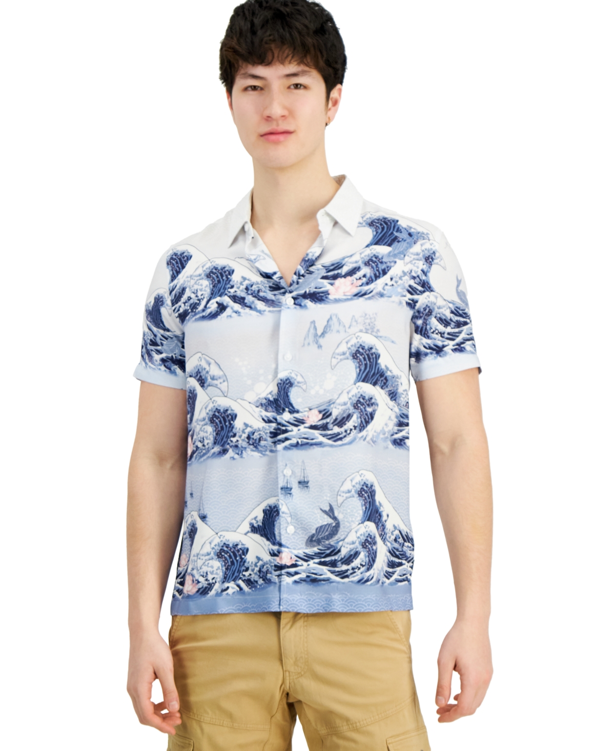 Shop Guess Men's Wave-print Short-sleeve Button-down Shirt In Pacific Wave