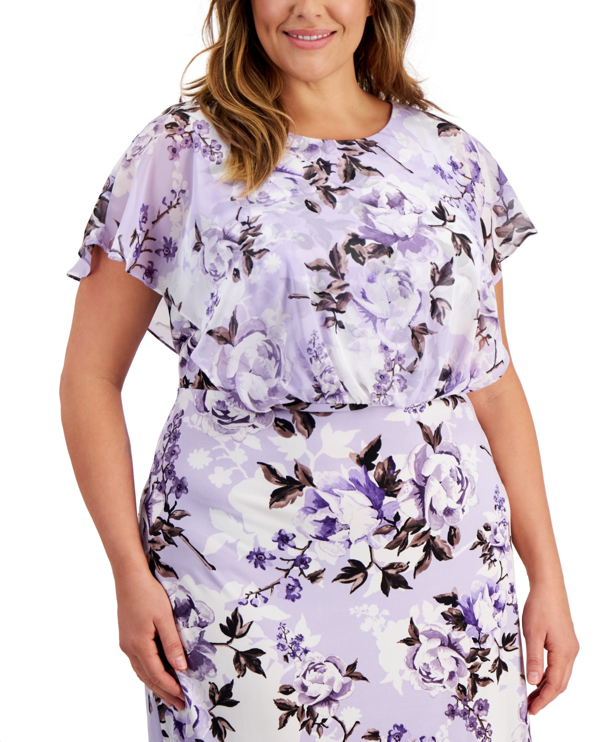 Shop Connected Plus Size Floral-print Overlay A-line Dress In Llv