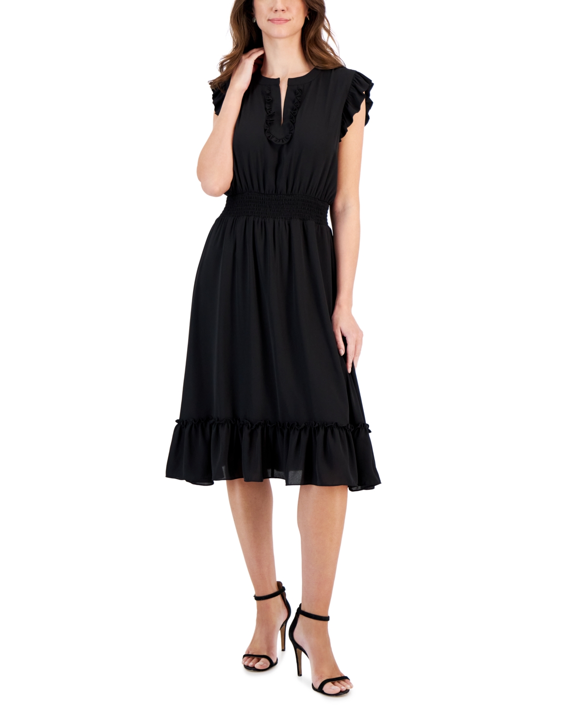 T Tahari Women's Ruffled-trim Smocked-waist Midi Dress In Black