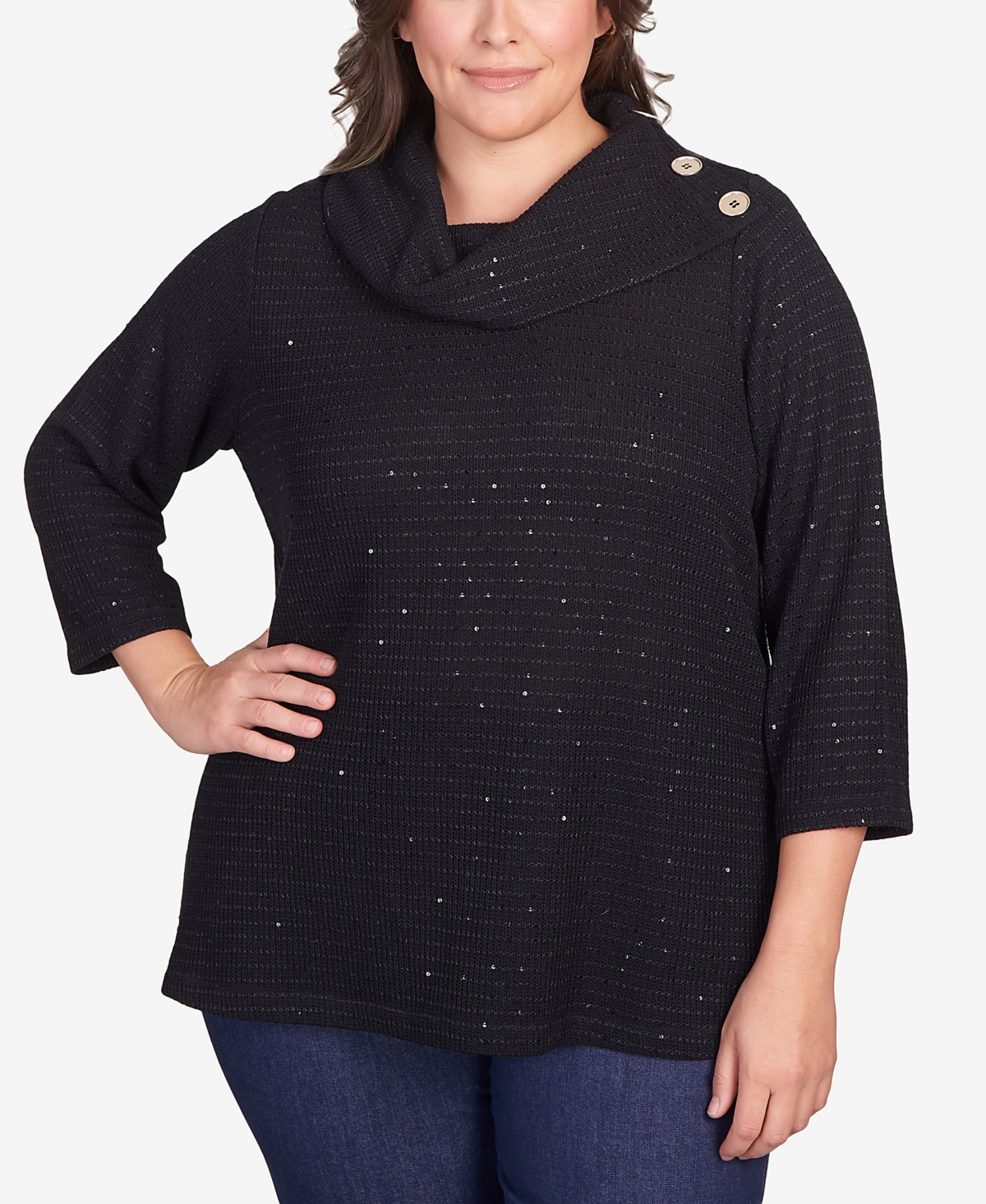 Ruby Rd. Plus Size Soft Sequin Cowl Neck Top In Black