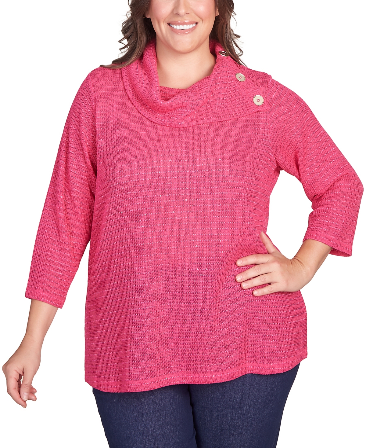 Ruby Rd. Plus Size Soft Sequin Cowl Neck Top In Bright Pink