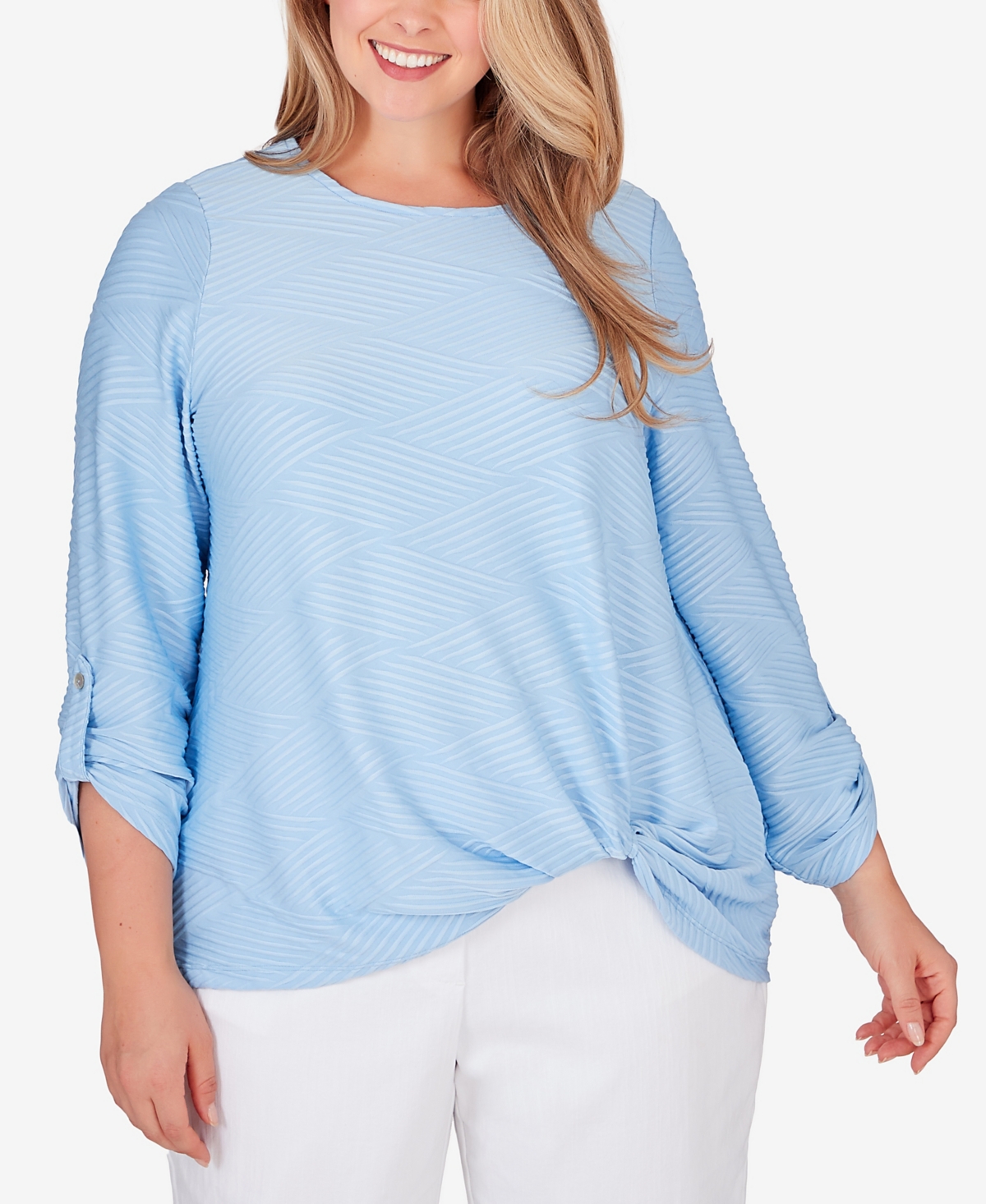 Ruby Rd. Plus Size Scoop Neck Textured Knit Top With Side Detail In Light Chambray