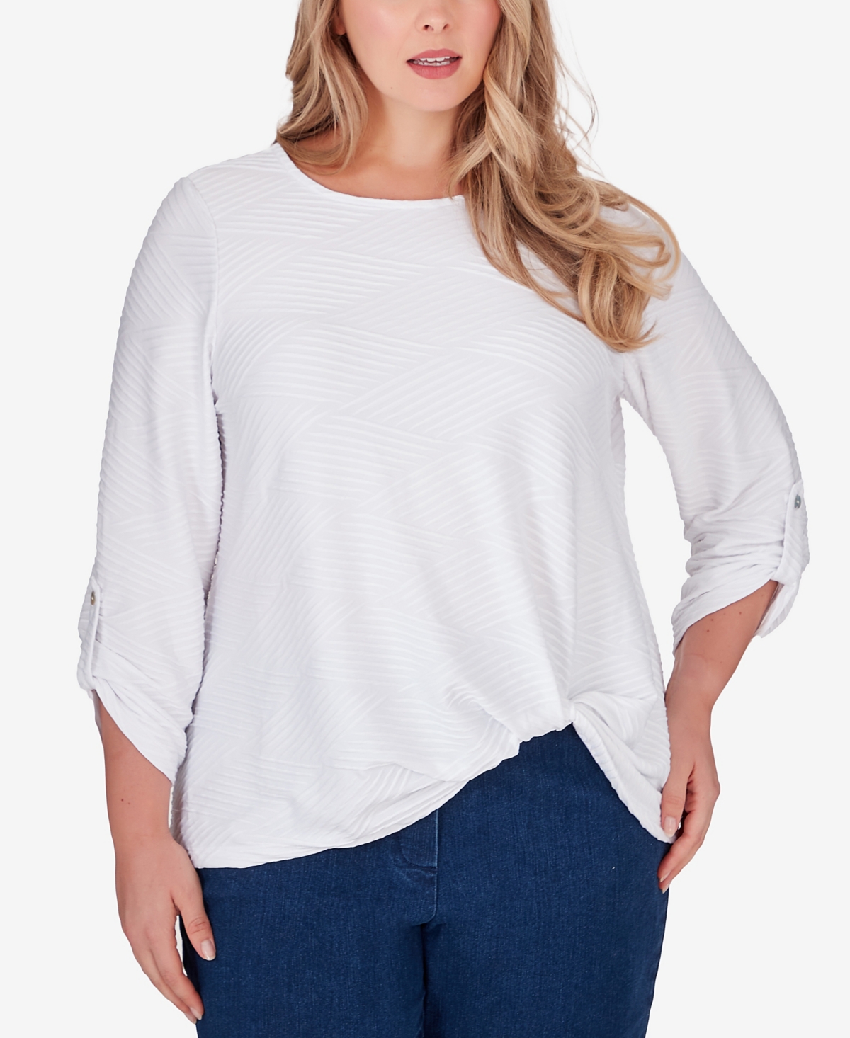 Plus Size Scoop Neck Textured Knit Top with Side Detail - White