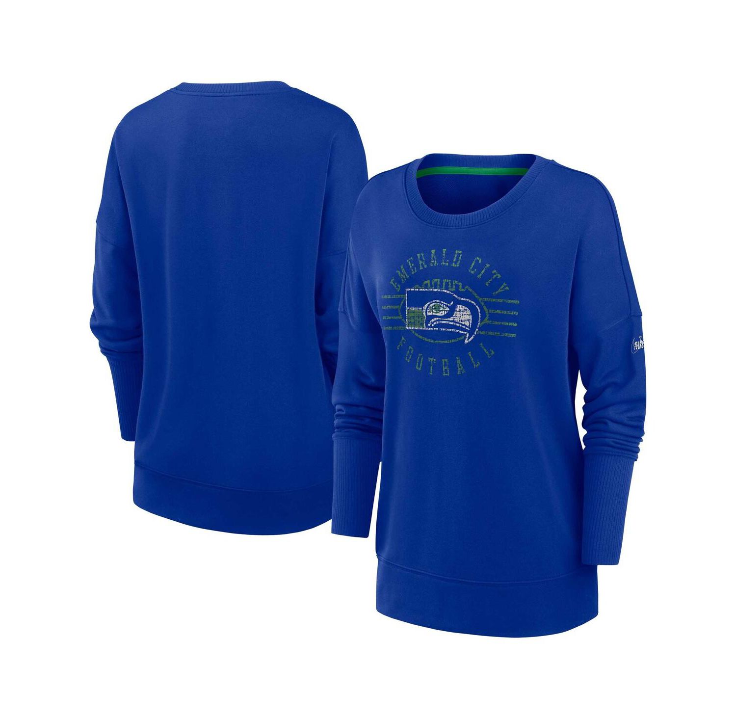 Women's Royal Distressed Seattle Seahawks Rewind Playback Icon Performance Pullover Sweatshirt
