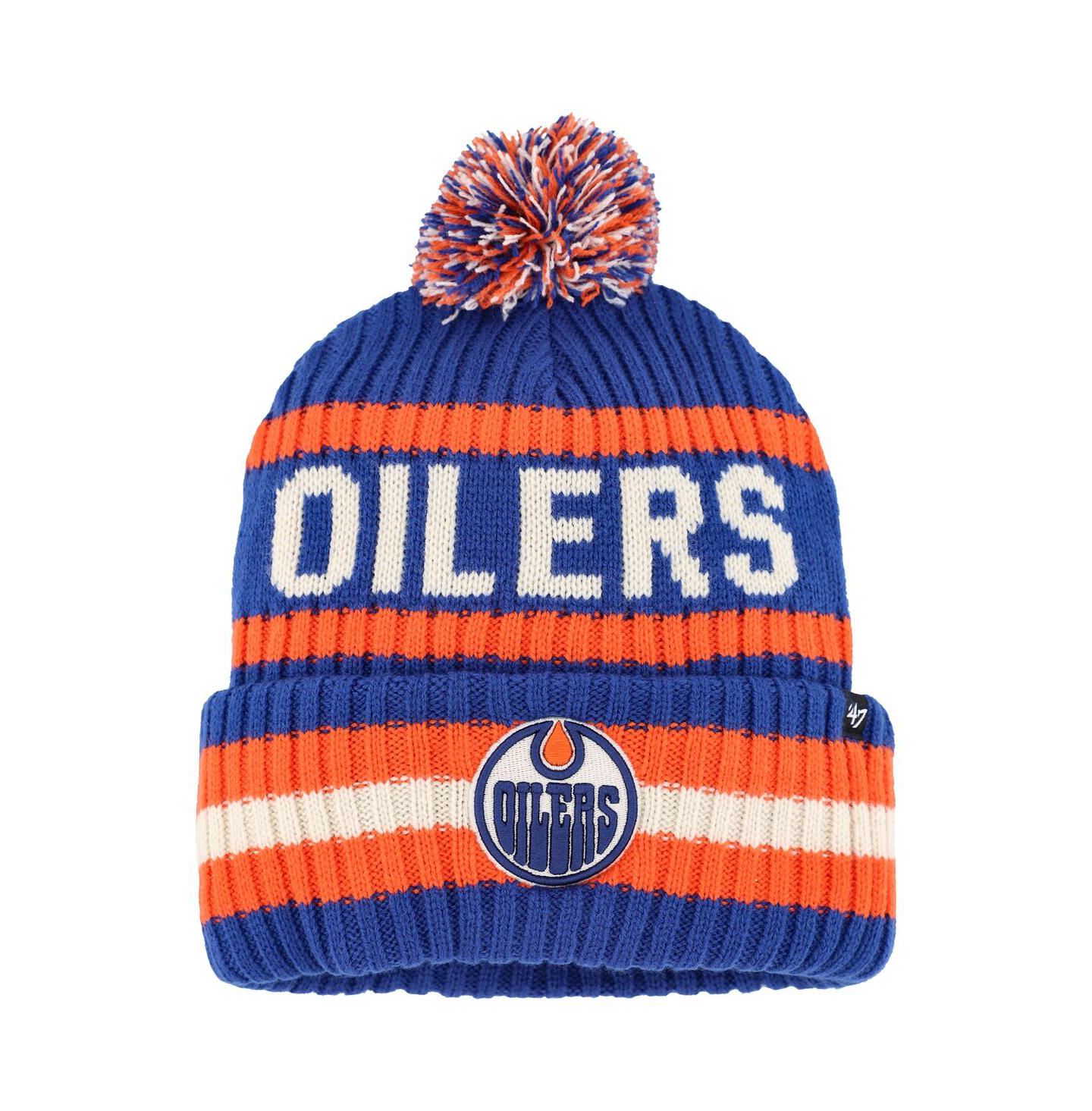 Мужская шапка '47 Brand Navy, Orange Edmonton Oilers Bering Cuffed Knit Hat with Pom — фото 1