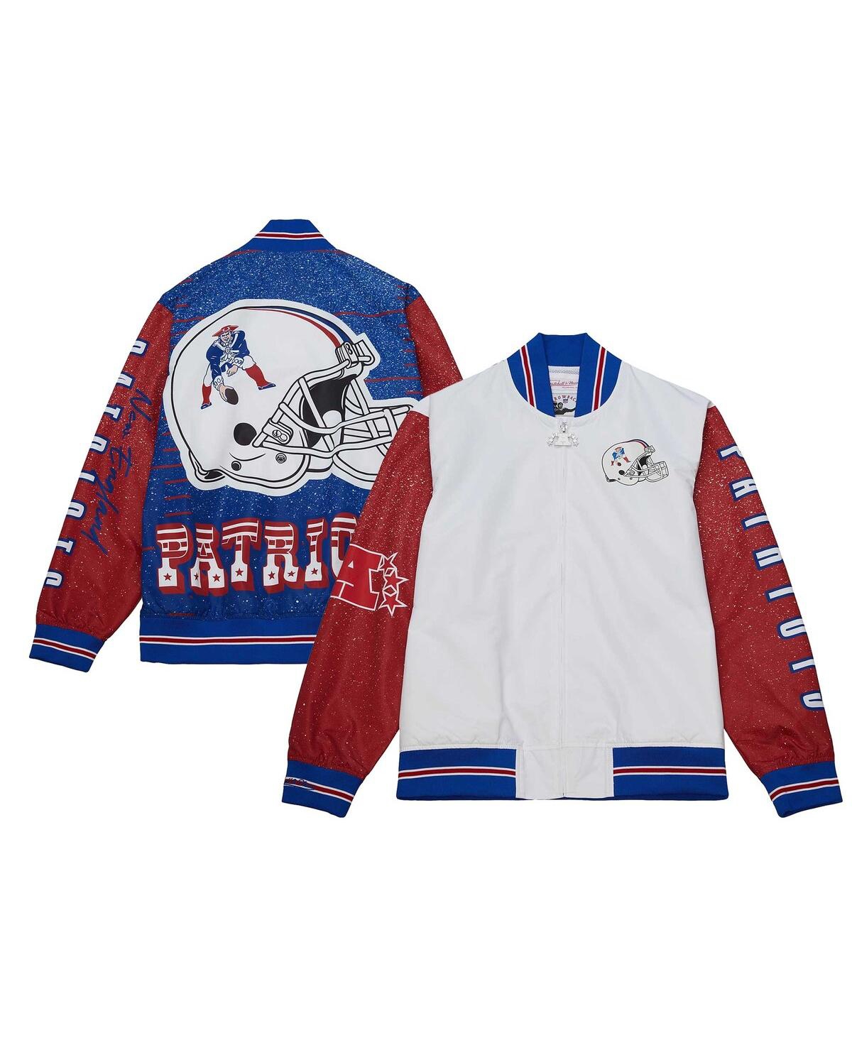 Shop Mitchell & Ness Men's  White Distressed New England Patriots Team Burst Warm-up Full-zip Jacket