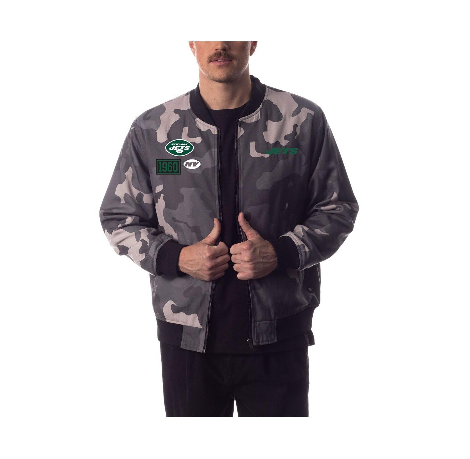 Men's and Women's Gray Distressed New York Jets Camo Bomber Jacket