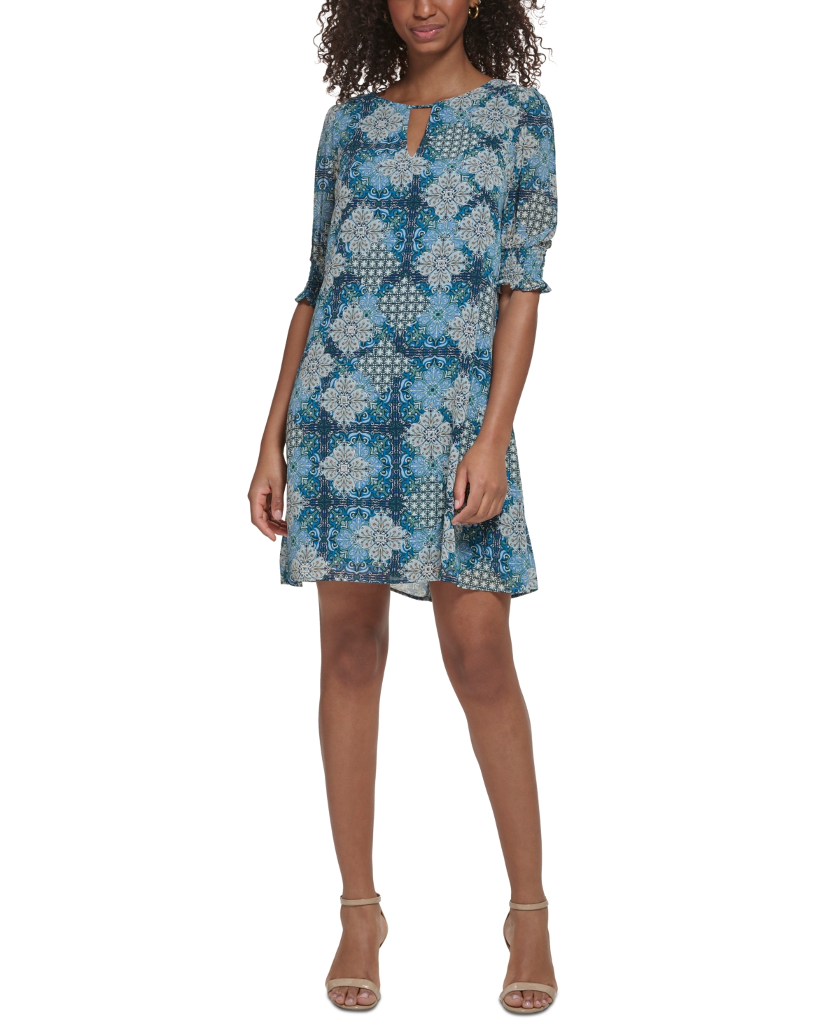 Women's Printed Elbow-Sleeve A-Line Dress - Teal