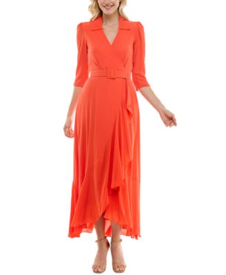 Maison Tara - Women's Collared 3/4-Sleeve Ruffle-Trim Maxi Dress
