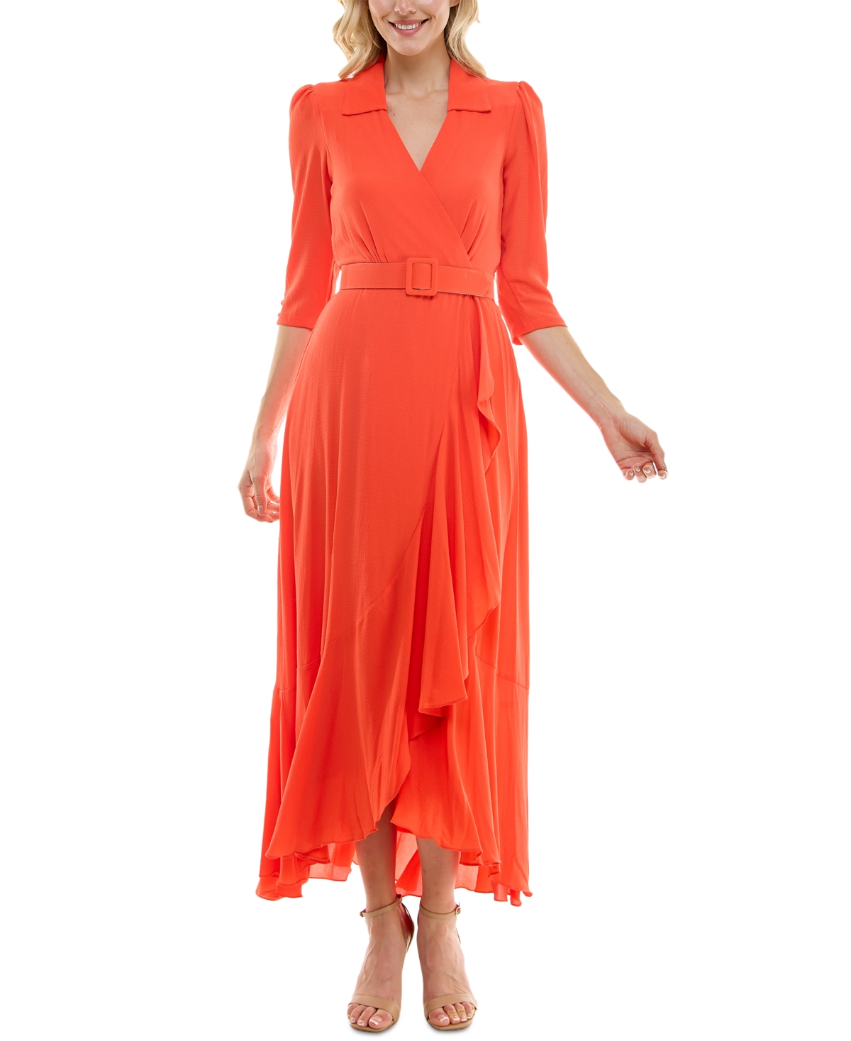 Women's Collared 3/4-Sleeve Ruffle-Trim Maxi Dress - Orange