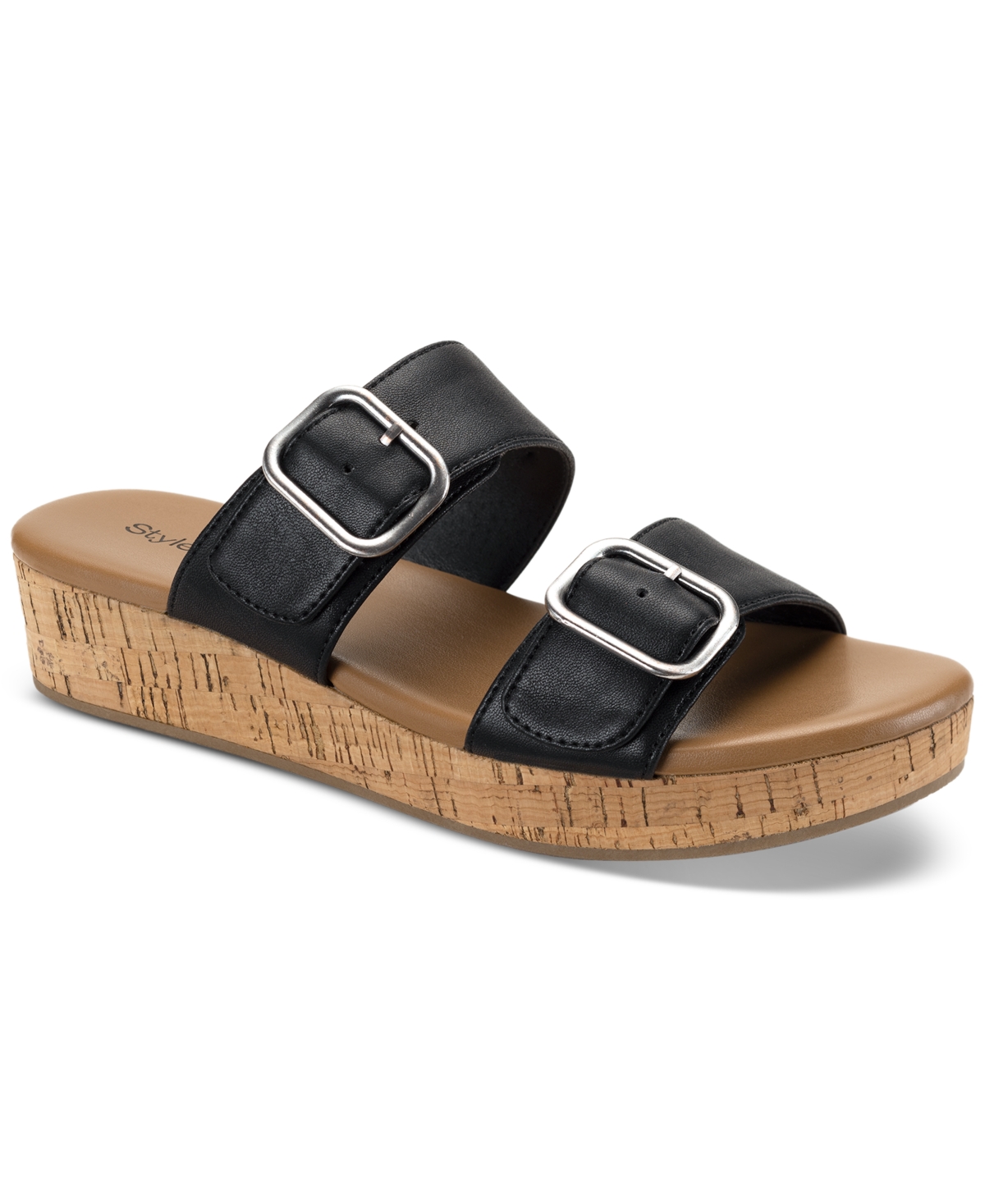 Shop Style & Co Women's Temppestt Slip-on Buckled Wedge Sandals, Created For Macy's In Black
