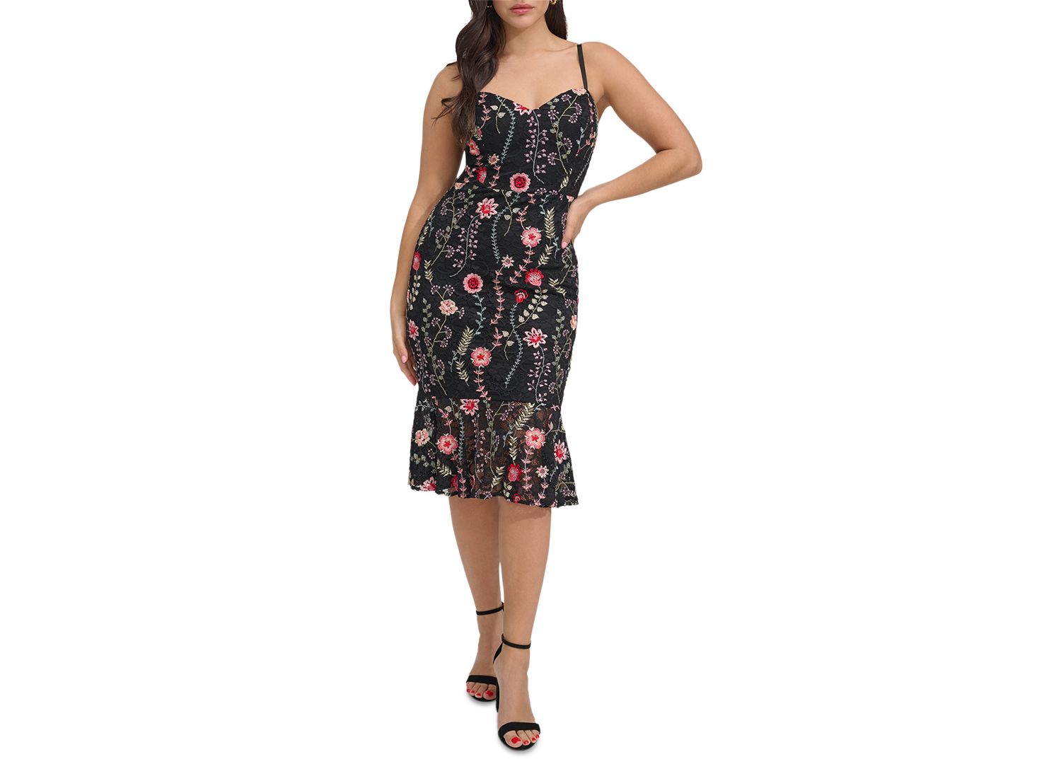 Women's Floral-Print Embroidered Lace Midi Dress