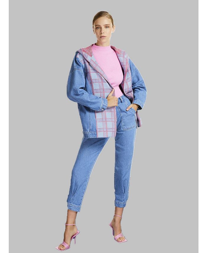 NOCTURNE Women's Hooded Plaid Jean Jacket Macy's