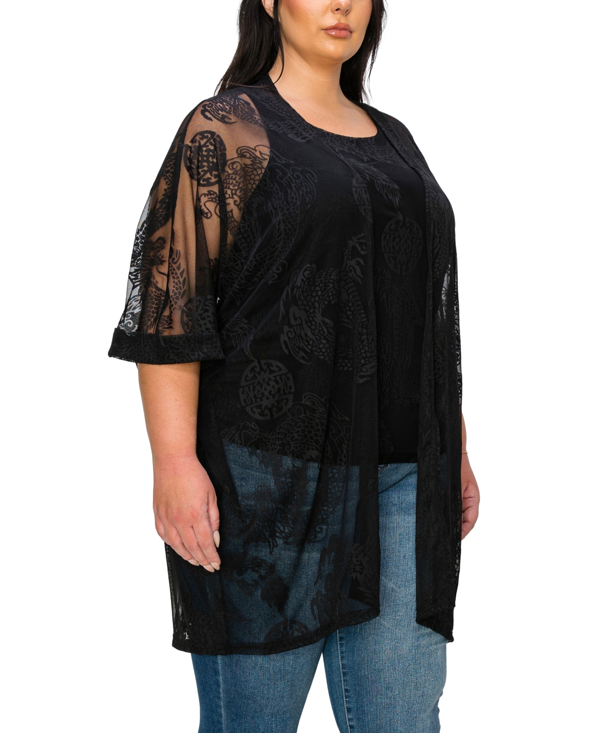 Coin 1804 Plus Size Dragon Print Mesh Roll Sleeve Kimono Top