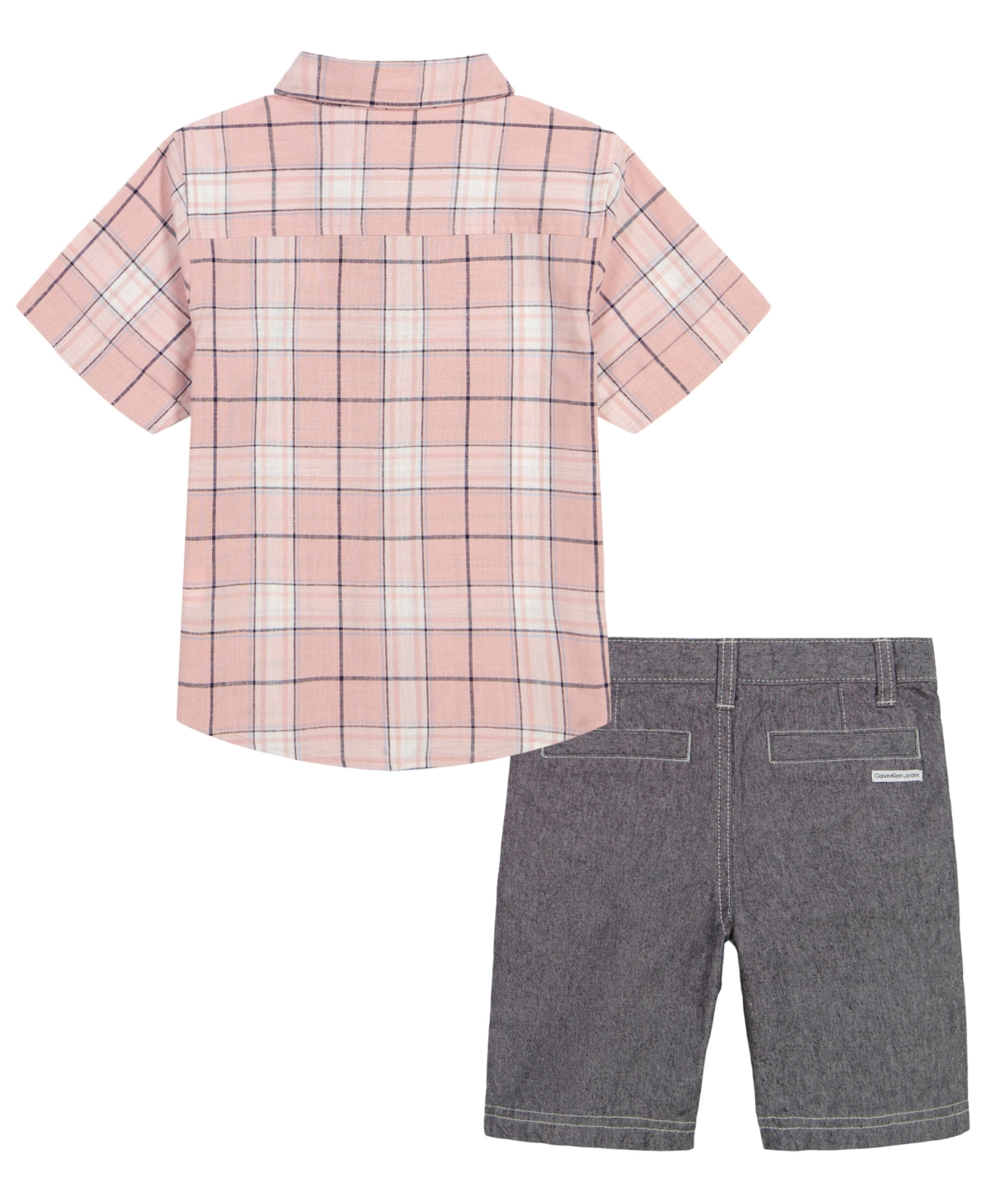 Calvin Klein Toddler and Little Boys Plaid Slub Button-Up Short Sleeve Shirt and Twill Shorts, 2 Piece Set