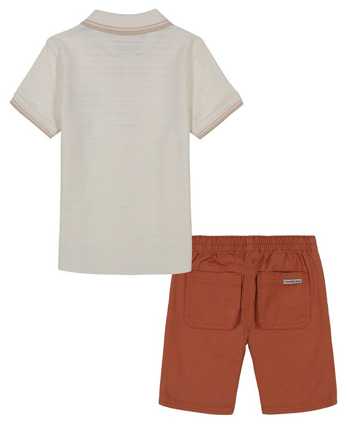 Calvin Klein Little Boys 2T-7 Short Sleeve Herringbone Jersey Polo Shirt  and Twill Shorts Set
