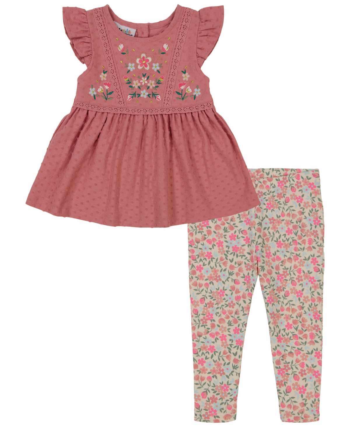 Shop Kids Headquarters Little Girls Clip-dot Eyelet Trim Tunic Top And Floral Capri Leggings, 2 Piece Set In Coral