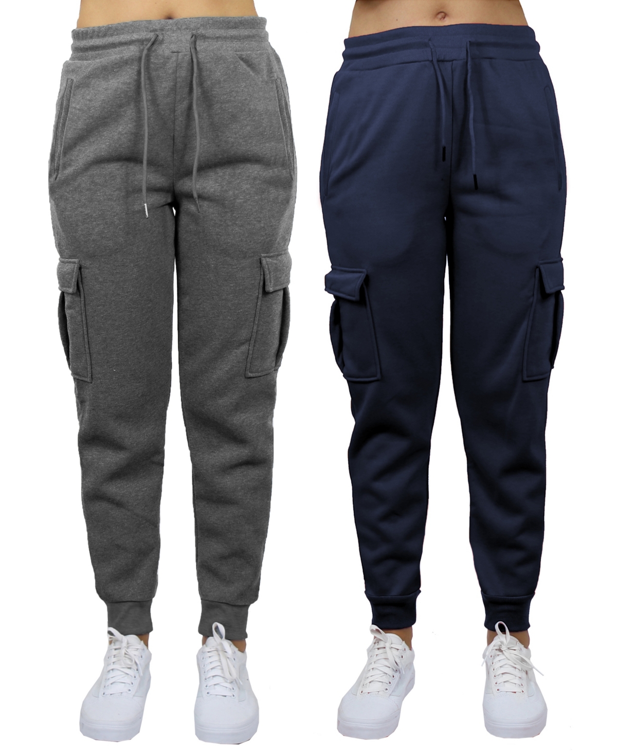 Galaxy By Harvic Women's Heavyweight Loose Fit Fleece Lined Cargo Jogger Pants Set, 2 Pack In Heather Gray,navy