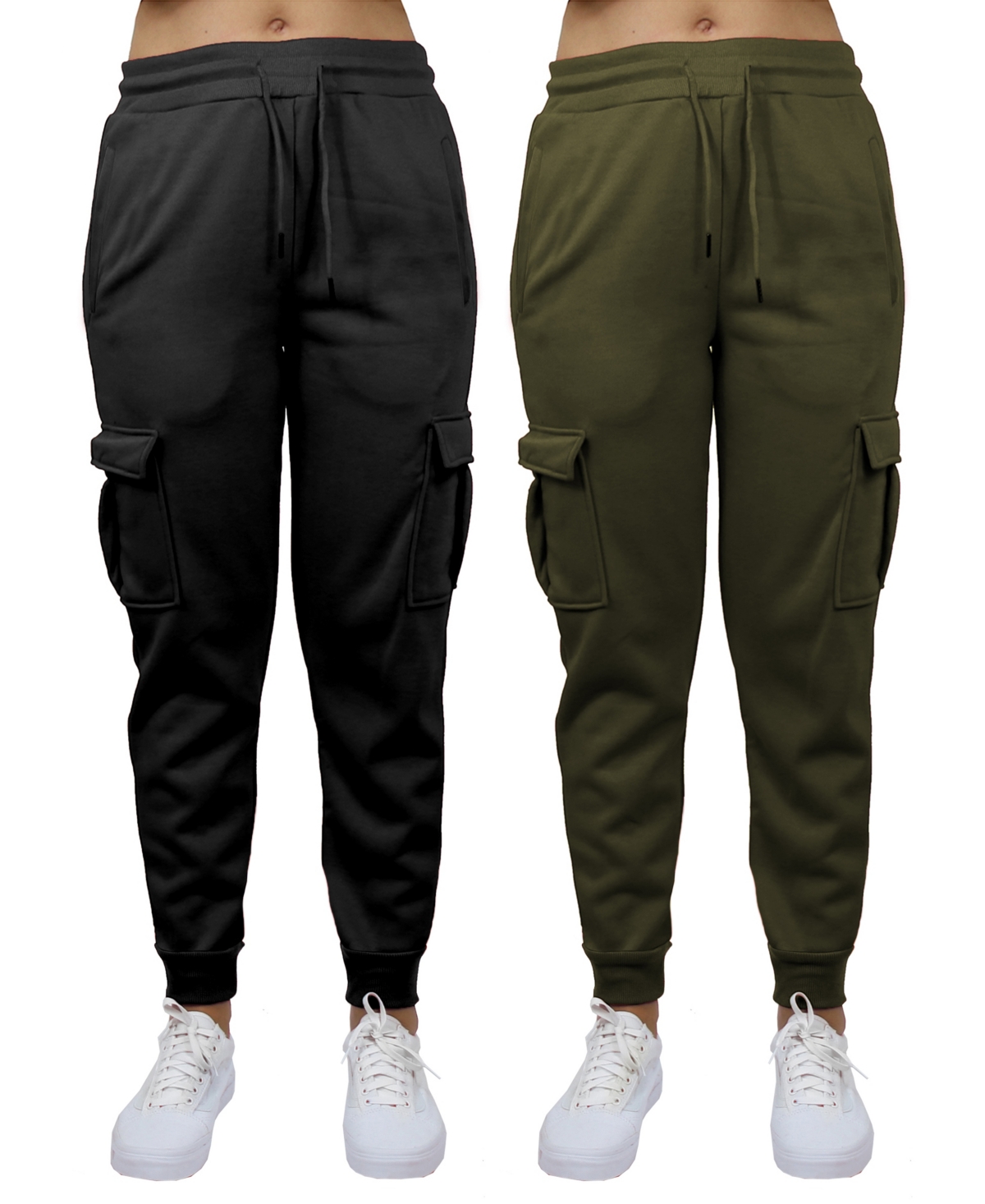 Galaxy By Harvic Women's Heavyweight Loose Fit Fleece Lined Cargo Jogger Pants Set, 2 Pack In Black,olive