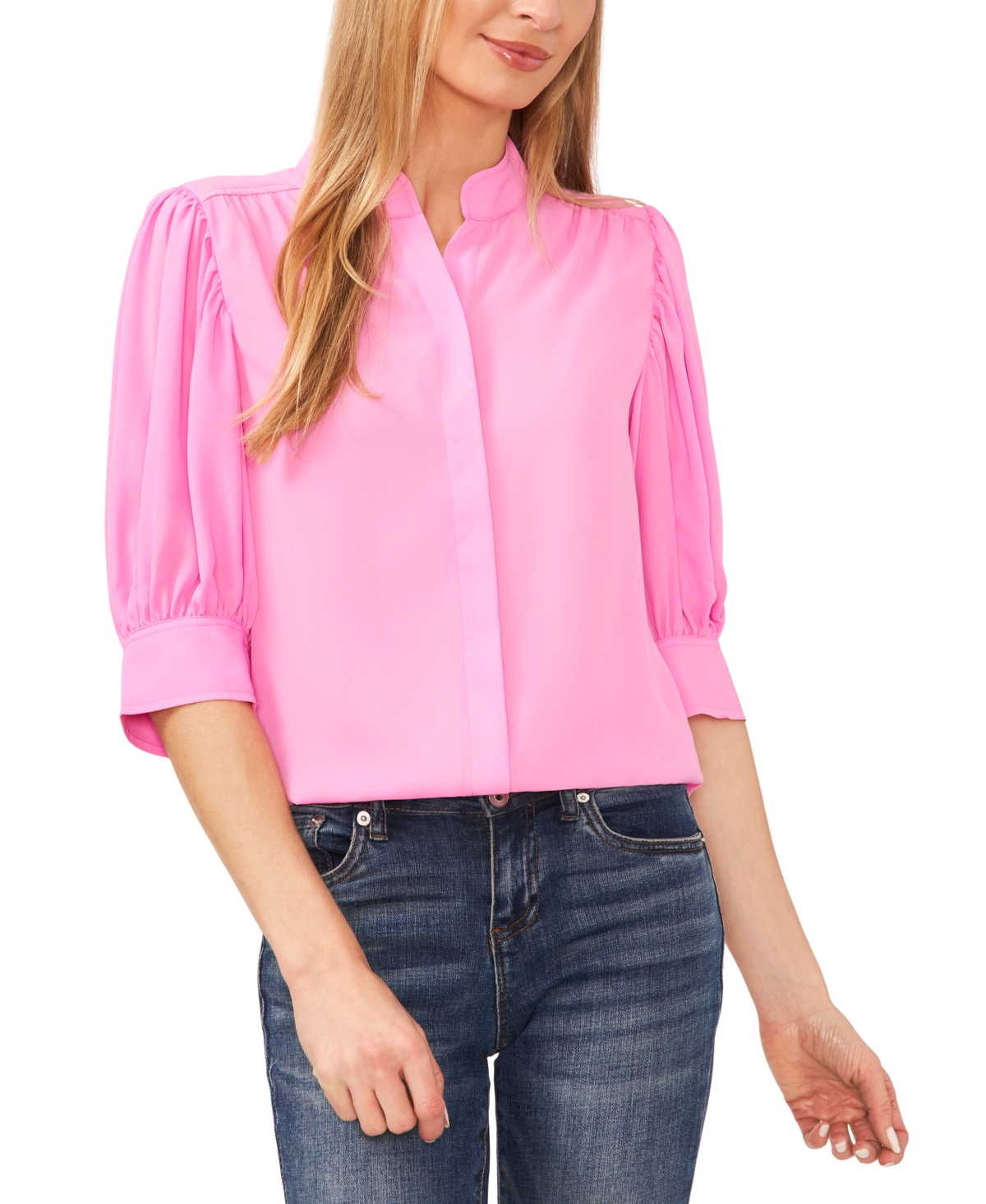 Shop Cece Women's Elbow Sleeve Collared Button Down Blouse In Sweet Pink