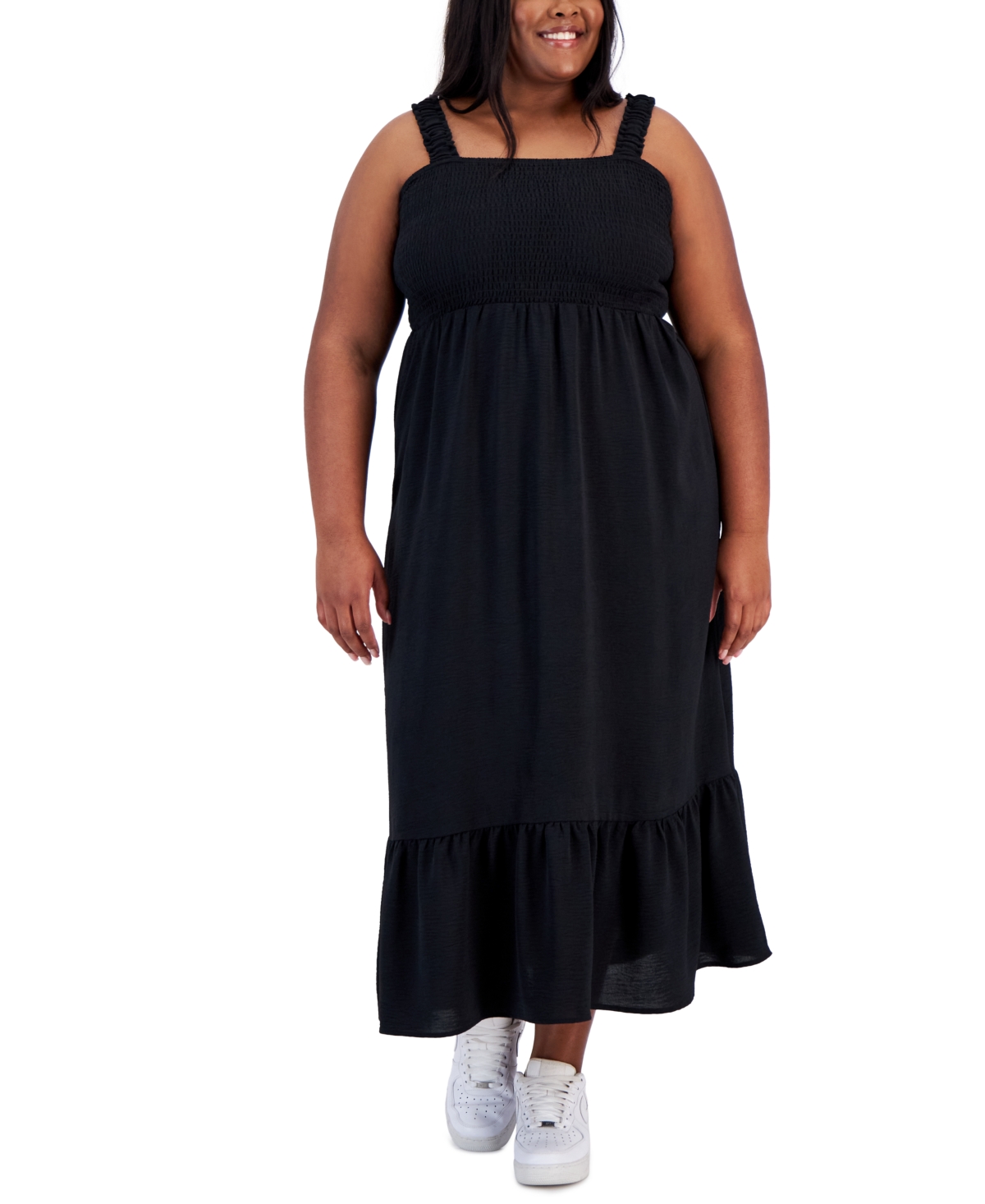 Derek Heart Trendy Plus Size Straight-neck Smocked Dress In Black Beauty